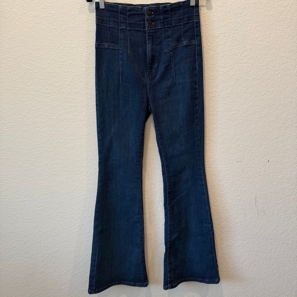 We The Free Free People High Rise Flare Jeans Dark Wash Corset Waist Blue Sz 28